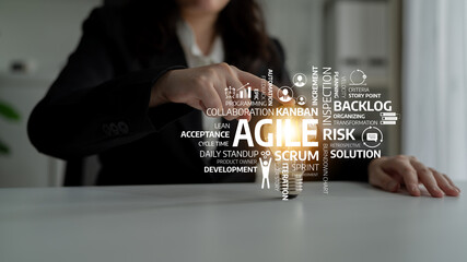 A professional woman illustrates Agile methodology concepts, showcasing elements like Scrum, Kanban, and risk management in a collaborative workspace for effective project execution. Tessel