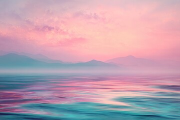 Fototapeta premium Serene landscape; pink sky reflected in rippling water, distant blue mountains