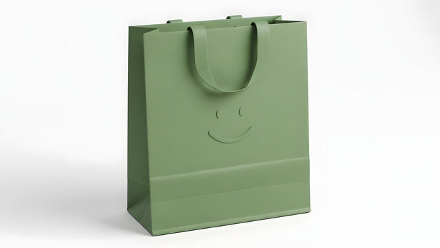 Green Paper Shopping Bag Mockup with Handles and Debossed Smiley Face Logo on a White Background, for Eco-Friendly Branding