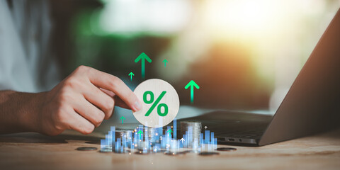 Plakat conceptual representation of rising interest rates ,financial growth, featuring upward indicators ,digital market analytics, reflecting economic expansion, investment performance, strategic planning.