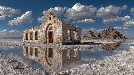 Abandoned Church Reflecting in Water on Salty Plains.