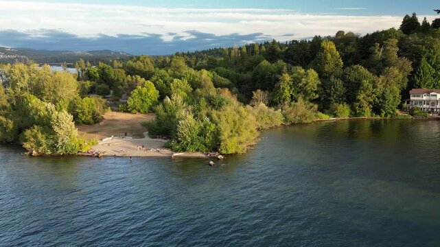 Aerial drone view of a lakeside beach and forest shoreline illuminated by golden hour light on lake washington