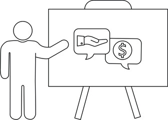 An illustration shows a person presenting a board with a hand and a dollar sign in speech bubbles