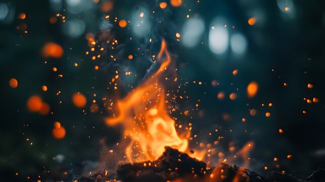 A close-up shot of a campfire burning with embers flying into the air against a blurred green forest background.