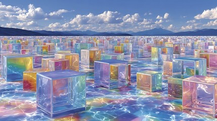 Abstract Cityscape of Colorful Crystal Cubes Under a Blue Sky.