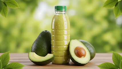 Avocado juice in a clear plastic bottle with fresh green leaves background, healthy drink concept, natural tropical beverage presentation