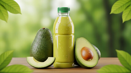 Avocado juice in a clear plastic bottle with fresh green leaves background, healthy drink concept, natural tropical beverage presentation