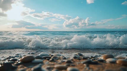 A close-up view of foamy waves crashing on a pebbled beach, with a clear blue sky and fluffy clouds in the background.