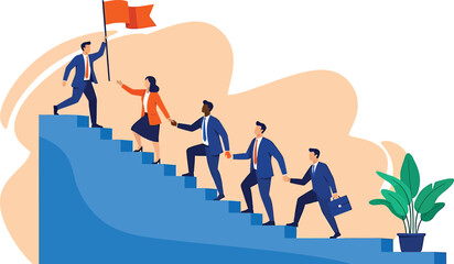 Flat vector illustration of a diverse team climbing stairs towards success with a flag on top