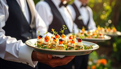 Servers present elegant appetizers on trays at an outdoor event