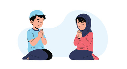 Fototapeta premium Muslim boy and girl kneeling and praying with their hands together in a gesture of respect and worship during an islamic holiday.