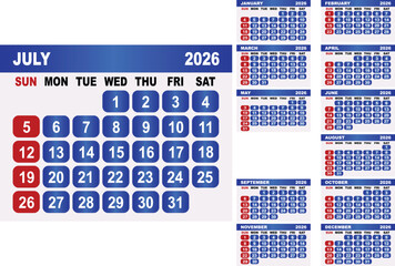 2026 Calendar With July Displayed Prominently And Other Months Small august january