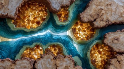 Abstract Geode Crystal Formation with Turquoise and Gold Hues.