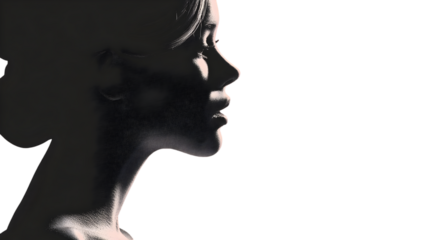 Striking profile portrait of a woman illuminated by dramatic chiaroscuro lighting against a deep emphasizing beauty