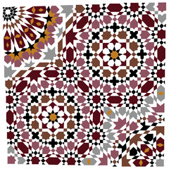 Intricate geometric patterns in red and white islamic art