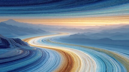 Abstract Winding Road Through Mountains at Sunset.