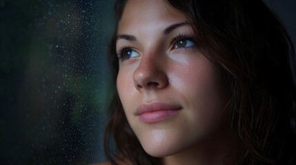 A young woman with a pensive expression gazes out of a window covered with rain droplets illuminated by soft ambient light