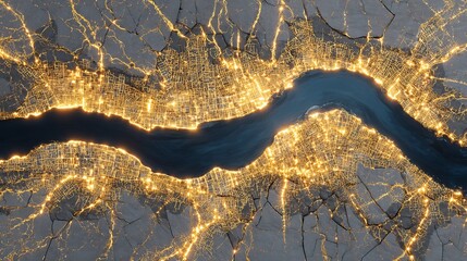 Aerial View of a City at Night Illuminated by Lights.