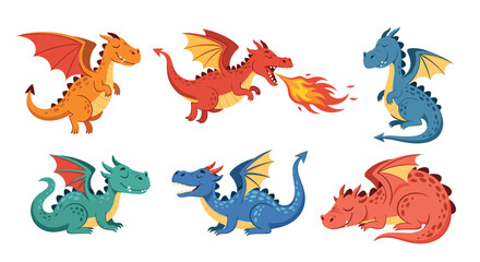Obraz premium Set of cute and colorful cartoon dragons in various fairytale poses including flying breathing fire sleeping and smiling.