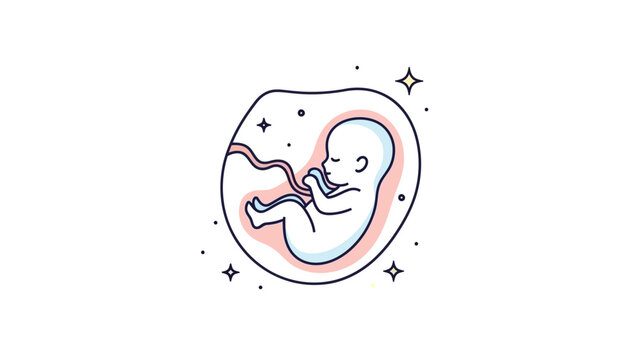 Illustrated fetus within amniotic sac, outlined in navy, accented with pink/light blue. Embellished with stars