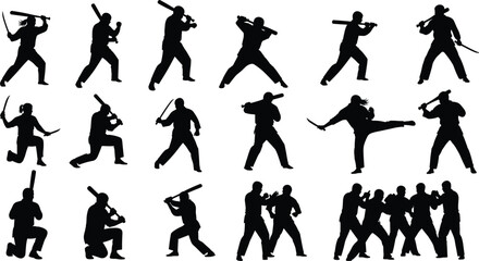 Set of black silhouette martial arts fighters in various weapon and hand-to-hand combat poses, featuring swords, baseball bats, and karate kicks, isolated vector illustration on white. © MstBeauti
