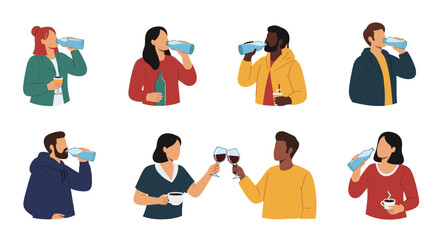 Fototapeta premium Set of diverse people drinking various beverages including water from a bottle coffee and toasting with glasses of red wine.