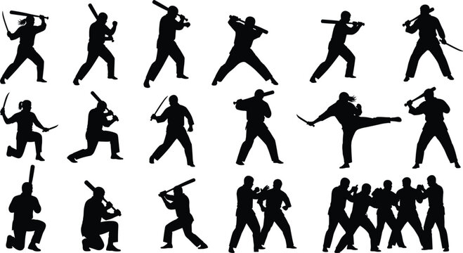 Set of black silhouette martial arts fighters in various weapon and hand-to-hand combat poses, featuring swords, baseball bats, and karate kicks, isolated vector illustration on white.