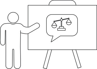 Line drawing of a person presenting a chart with a scales of justice in a speech bubble