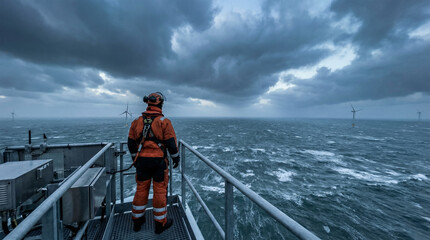 Engineer/worker in safety gear stands on a ship deck looking out at offshore wind turbines on a stormy, rough sea. Represents renewable energy maintenance, challenging conditions, and future power.