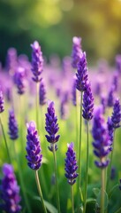 Obraz premium A field of vibrant purple lavender flowers swaying gently in the summer breeze, bathed in soft sunlight The image captures the essence of tranquility and natural beauty , stalks, Provence