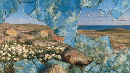Arctic Tundra Landscape with Cotton Grass and Distant Ocean.