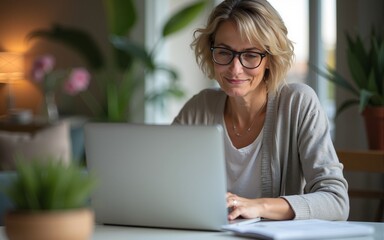 Portrait of middle aged woman working at home on computer laptop. High quality