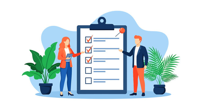 Professional business people reviewing and completing tasks on a large digital checklist. Modern flat vector illustration depicting project management, goal achievement, and successful assessment