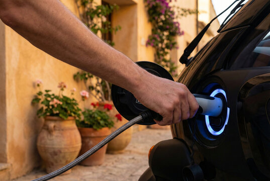 Close-up of a hand plugging a charging cable into an electric car (EV) port in a sunny Mediterranean setting. Highlights sustainable transport, eco-friendly travel, and electric vehicle technology.