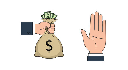 Concept of rejecting bribery with one hand offering a bag of money and another hand showing a clear stop gesture.
