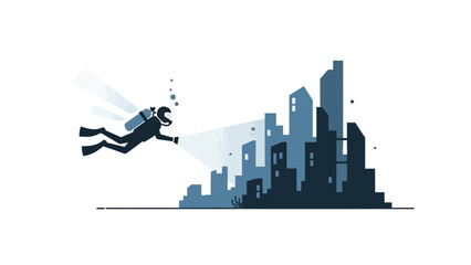 A scuba diver illuminates a cityscape under water with shades of blue