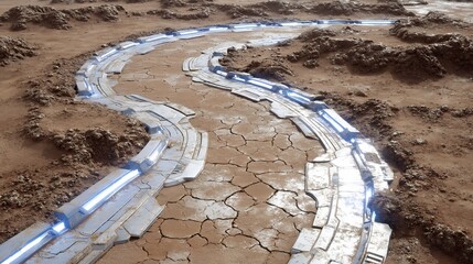 Artificial River with Blue Lights in Dry Landscape.