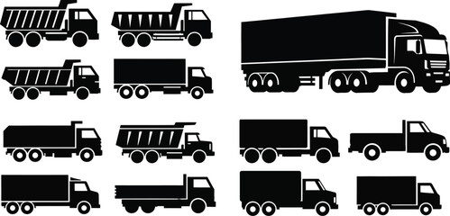 Silhouettes of various commercial trucks and transport vehicles in black and white © mst