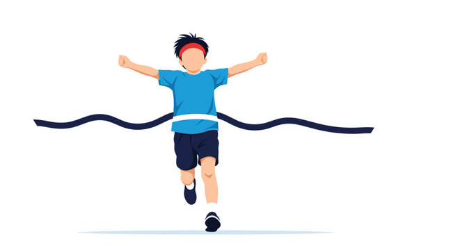 Young boy joyfully crossing the finish line with his arms raised in victory celebrating a successful race competition.