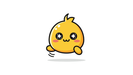 Cartoon yellow blob with star eyes and blush, hovering with a small shadow on a stark white background