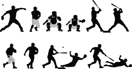 Baseball players in action depicted through a sequence of silhouette illustrations