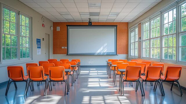 Bright classroom with orange chairs and a projector screen near large windows in a modern educational setting