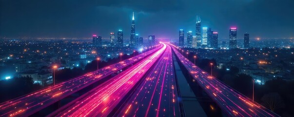 A futuristic cityscape at night, glowing fiber optic cables forming a complex network, representing the digital infrastructure of the information highway , data flow, technology