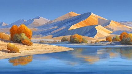Autumn Landscape with Mountains and Lake.