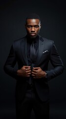 Fototapeta premium A confident man in a tailored black suit poses against a dark background, exuding elegance and sophistication.