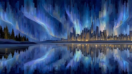 Aurora Borealis Over a Frozen Cityscape Reflected in Icy Waters.