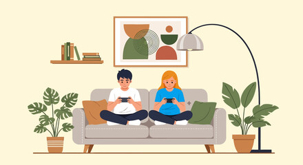 Fototapeta premium Couple relaxing on a couch, deeply absorbed in their mobile phones, a contemporary flat vector illustration of digital engagement and modern home leisure