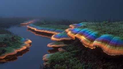 Bioluminescent Fungi Glowing on a Forest Floor Beside a Stream.