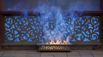 Blue flames dance in a decorative fireplace.