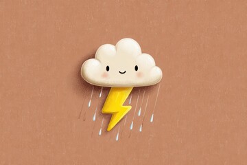 Cute cartoon thunderstorm icon with smiling cloud and bright yellow lightning bolt on a warm background